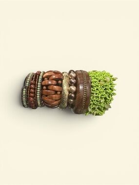 Boho Beaded Wood Bracelet Stack Set Earthy Green Brown Chunky Layered Cuff
